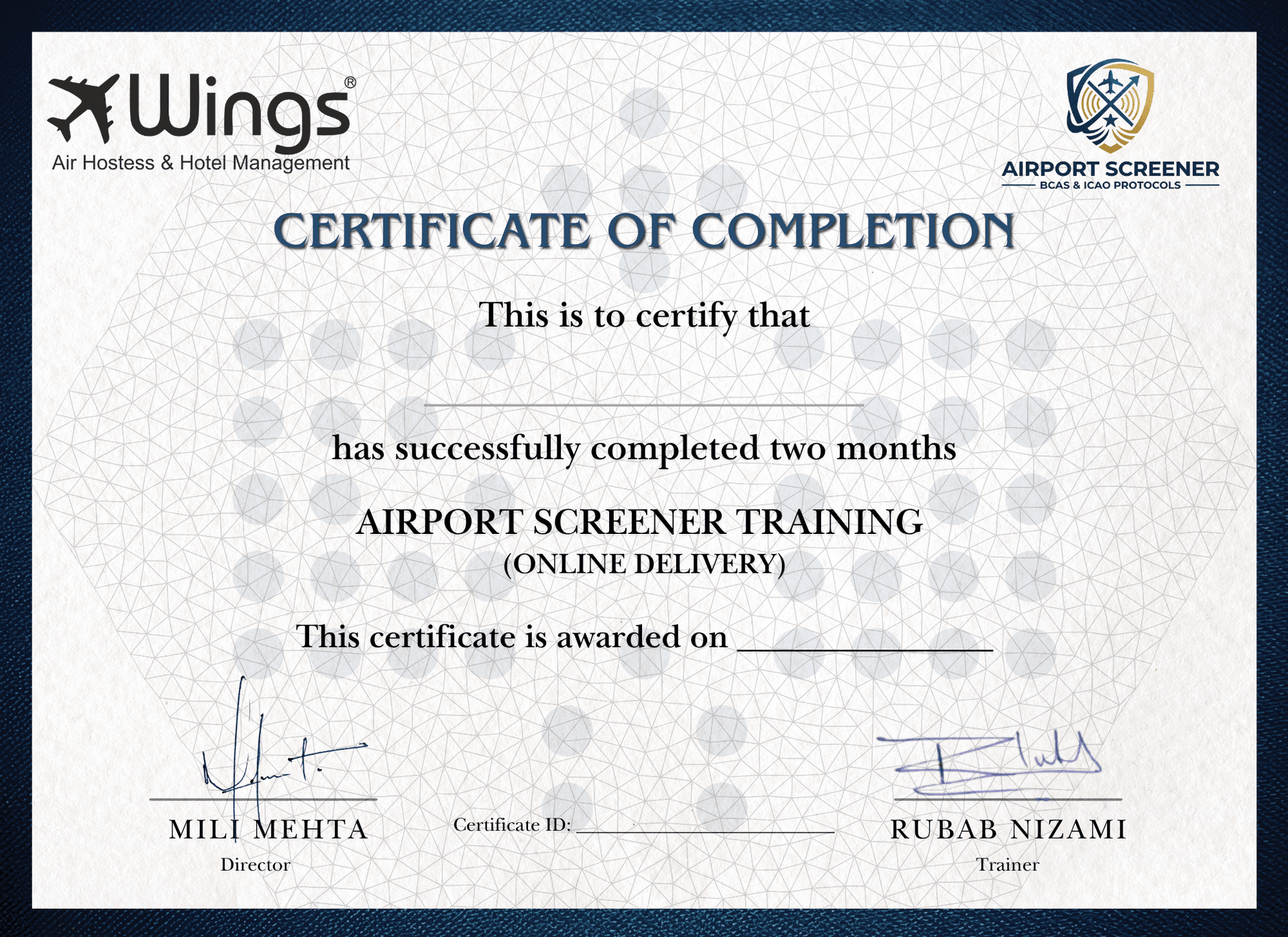 Wings Institute Airport Screener Course — sample certificate of completion