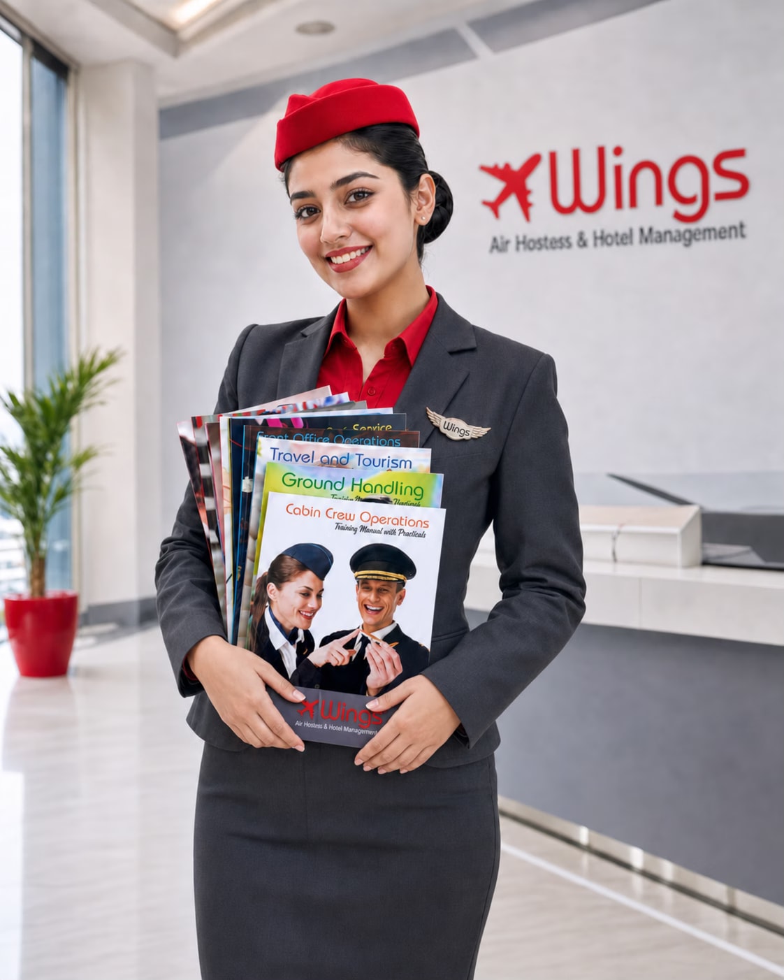 Wings Institute air hostess student holding 11 Course Books — Cabin Crew, Ground Handling, Travel & Tourism, Front Office, Food & Beverage