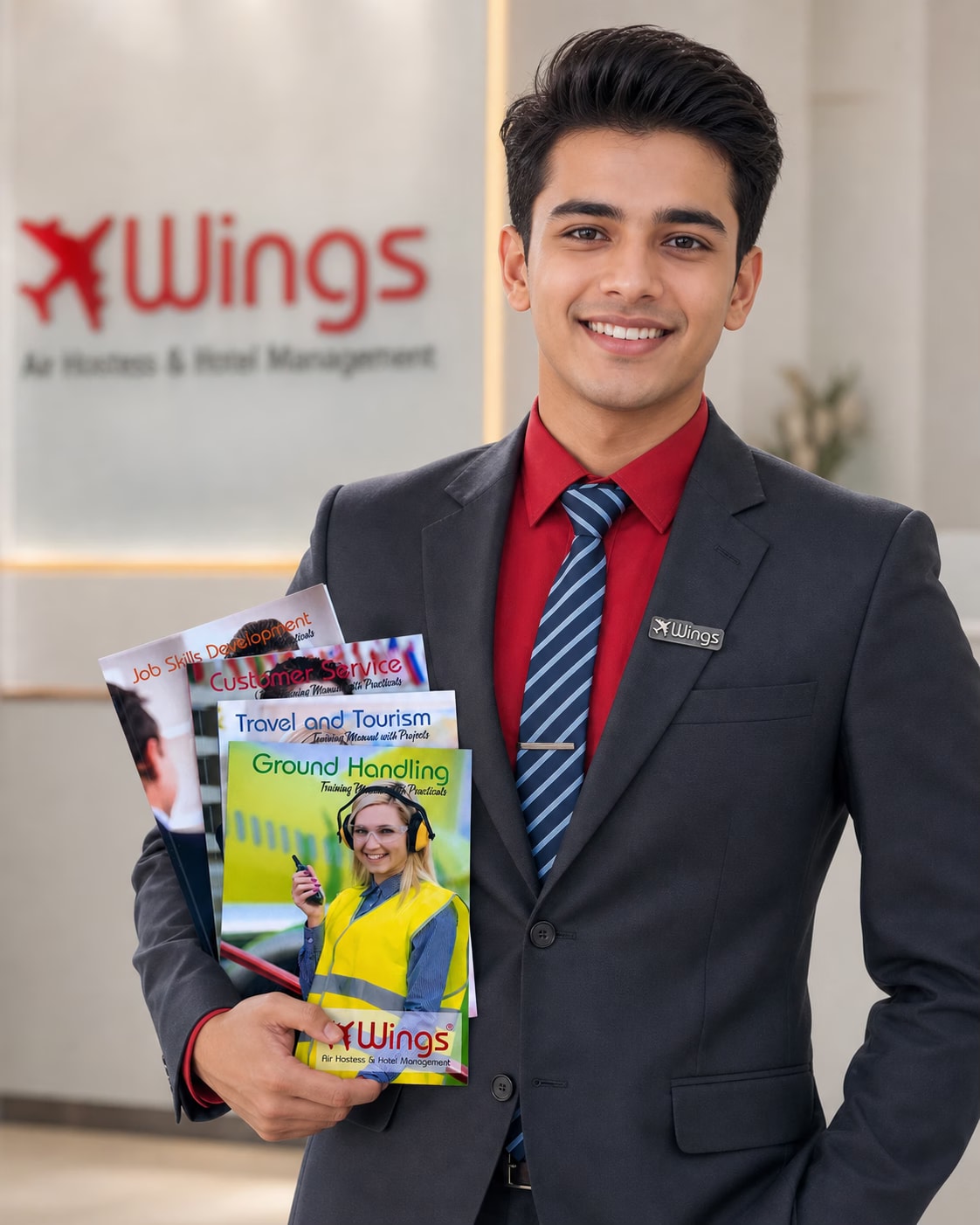 Wings Institute airport management student holding 5 Course Books — Job Skills Development, Customer Service, Travel & Tourism, Ground Handling and more