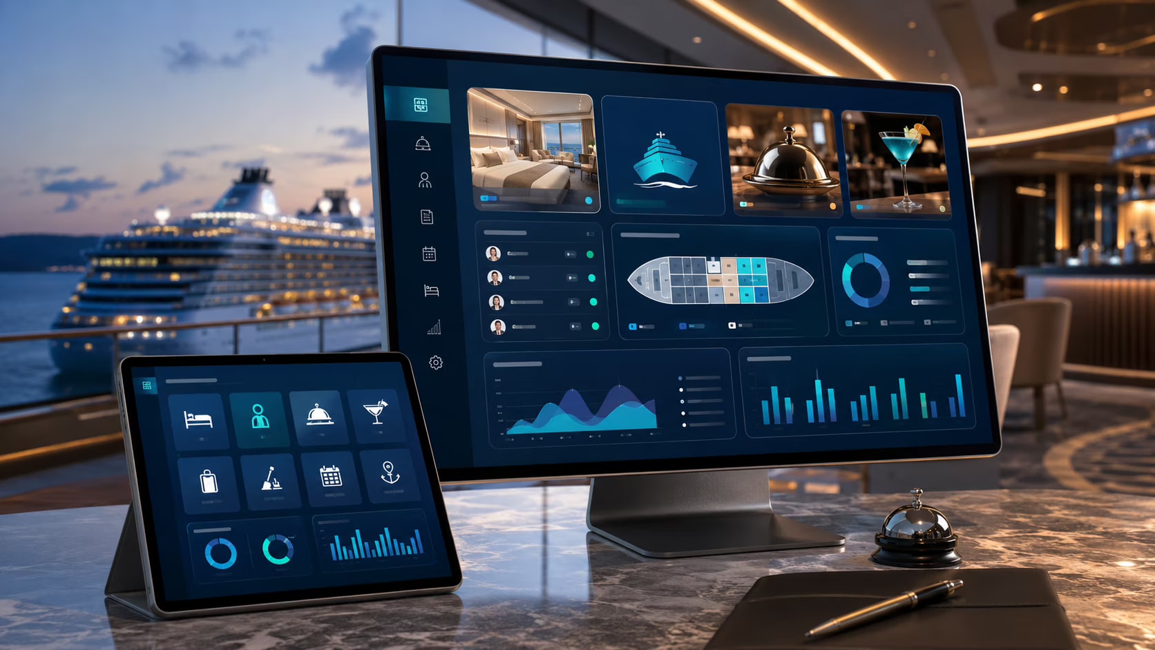 Wings Institute Cruise Ops PMS-POS Simulation System dashboard — cabin management, ship deck plan, guest folio અને restaurant, bar, spa, retail POS, hands-on cruise operations training