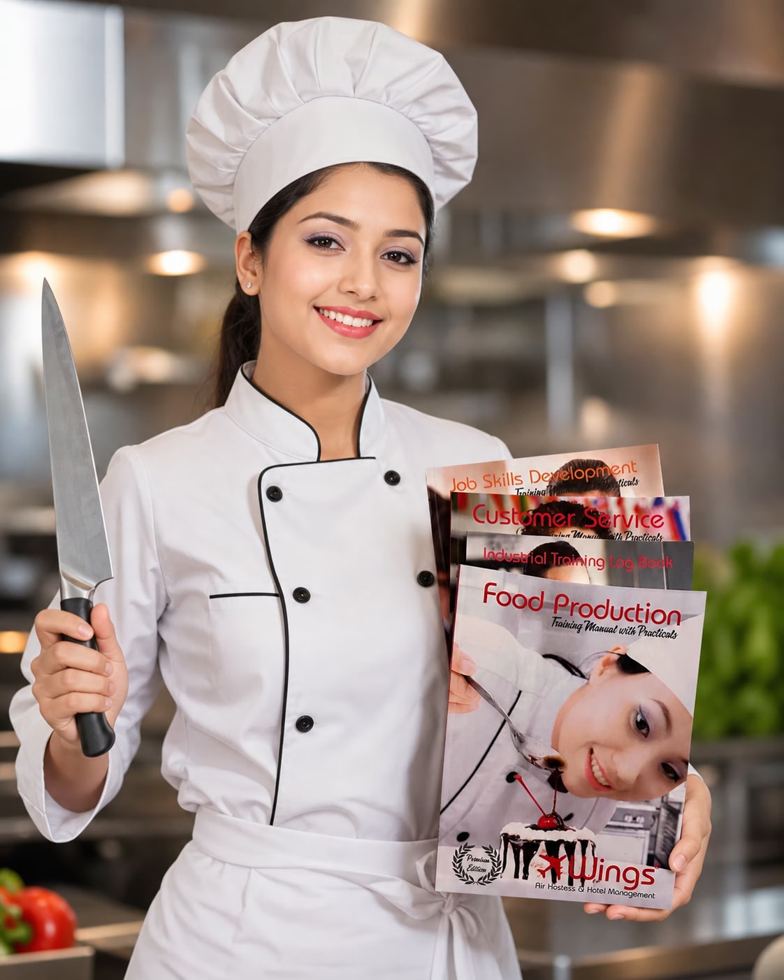 Wings Institute culinary student in chef uniform holding 5 Course Books — Job Skills Development, Customer Service, Industrial Training Log Book, Food Production and more