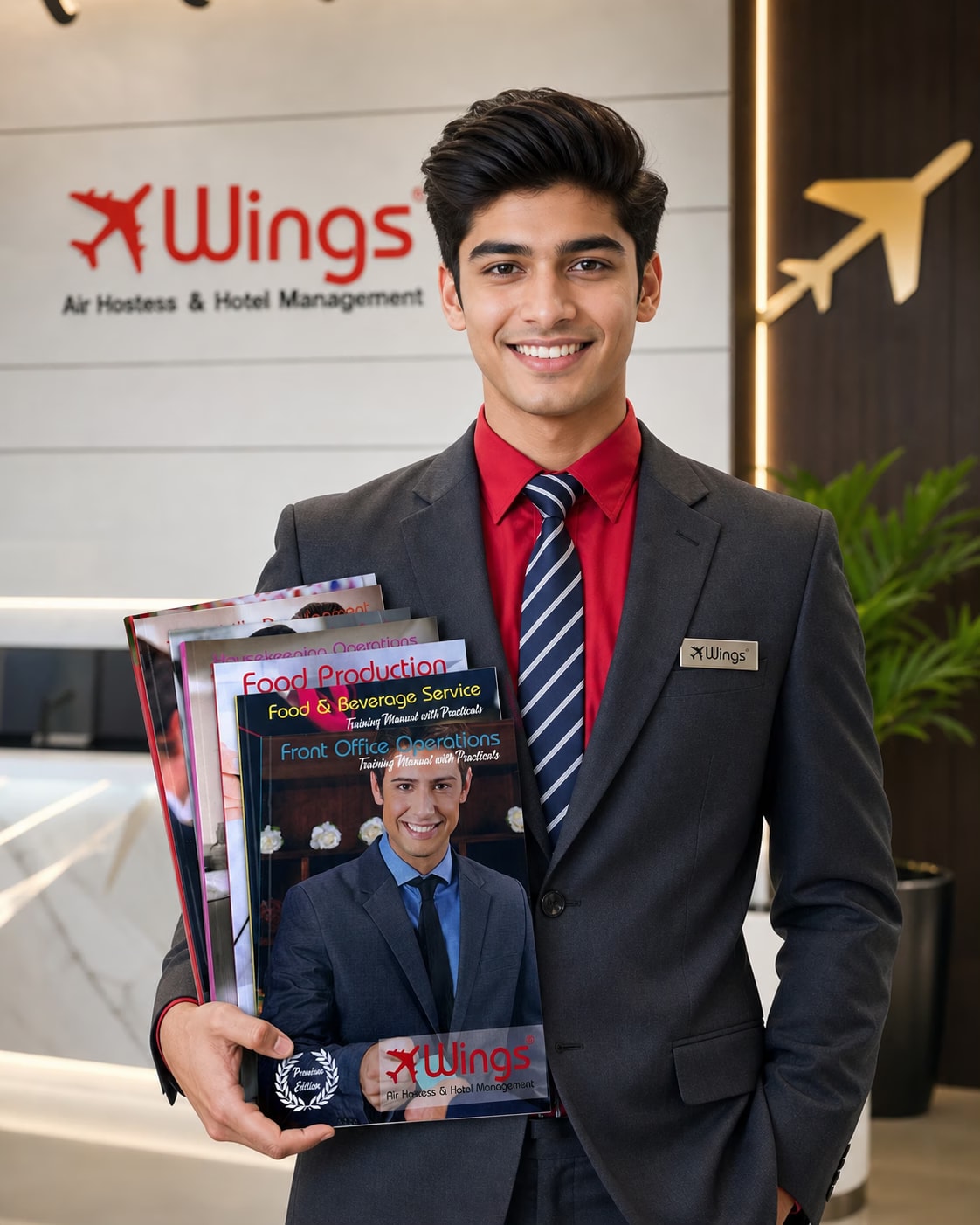 Wings Institute hotel management student holding 8 Course Books — Front Office Operations, Food & Beverage Service, Food Production, Housekeeping Operations and more