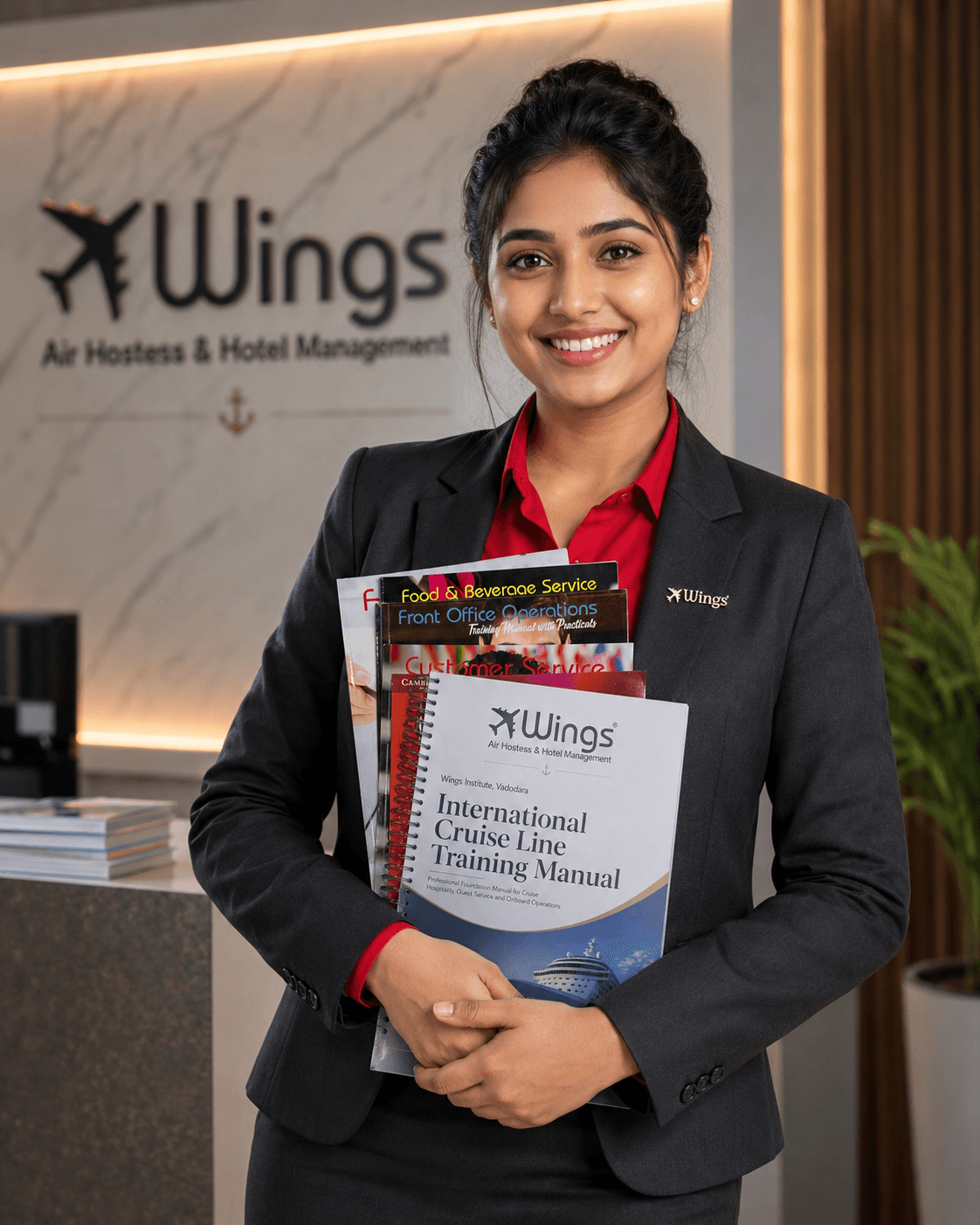 Wings Institute International Cruise Line student 9 Course Books पकड़े हुए — International Cruise Line Training Manual, Food & Beverage Service, Front Office Operations, Housekeeping, Culinary और Travel