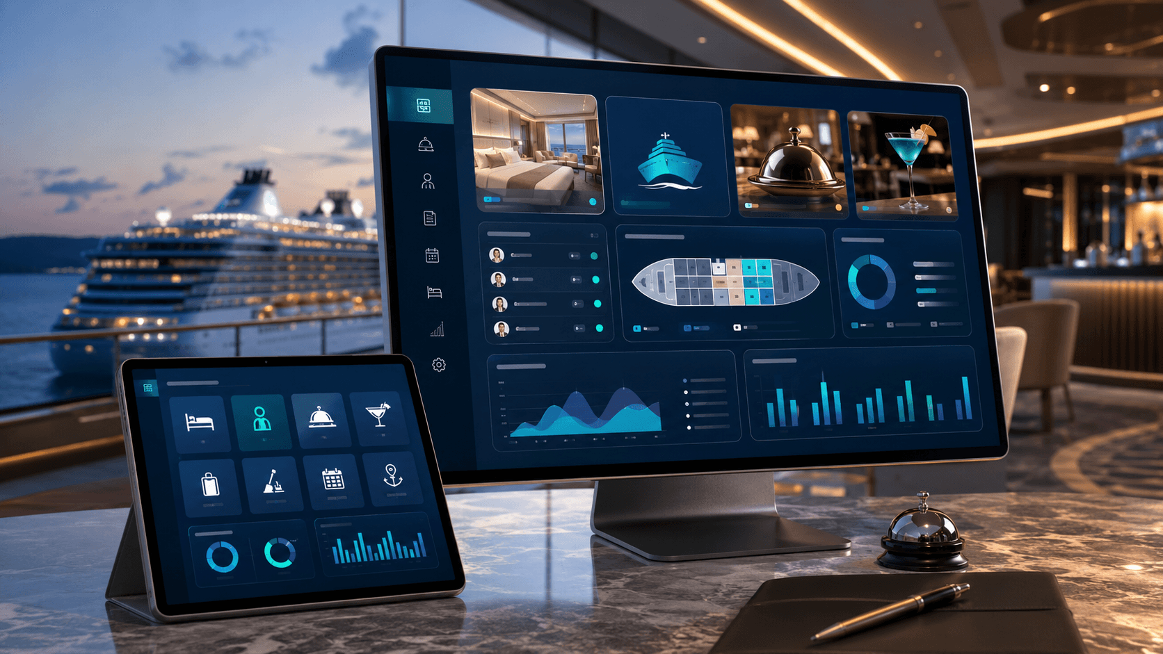 Wings Institute Cruise Ops PMS-POS Simulation System dashboard — cabin management, ship deck plan, guest folio और restaurant, bar, spa, retail POS, hands-on cruise operations training