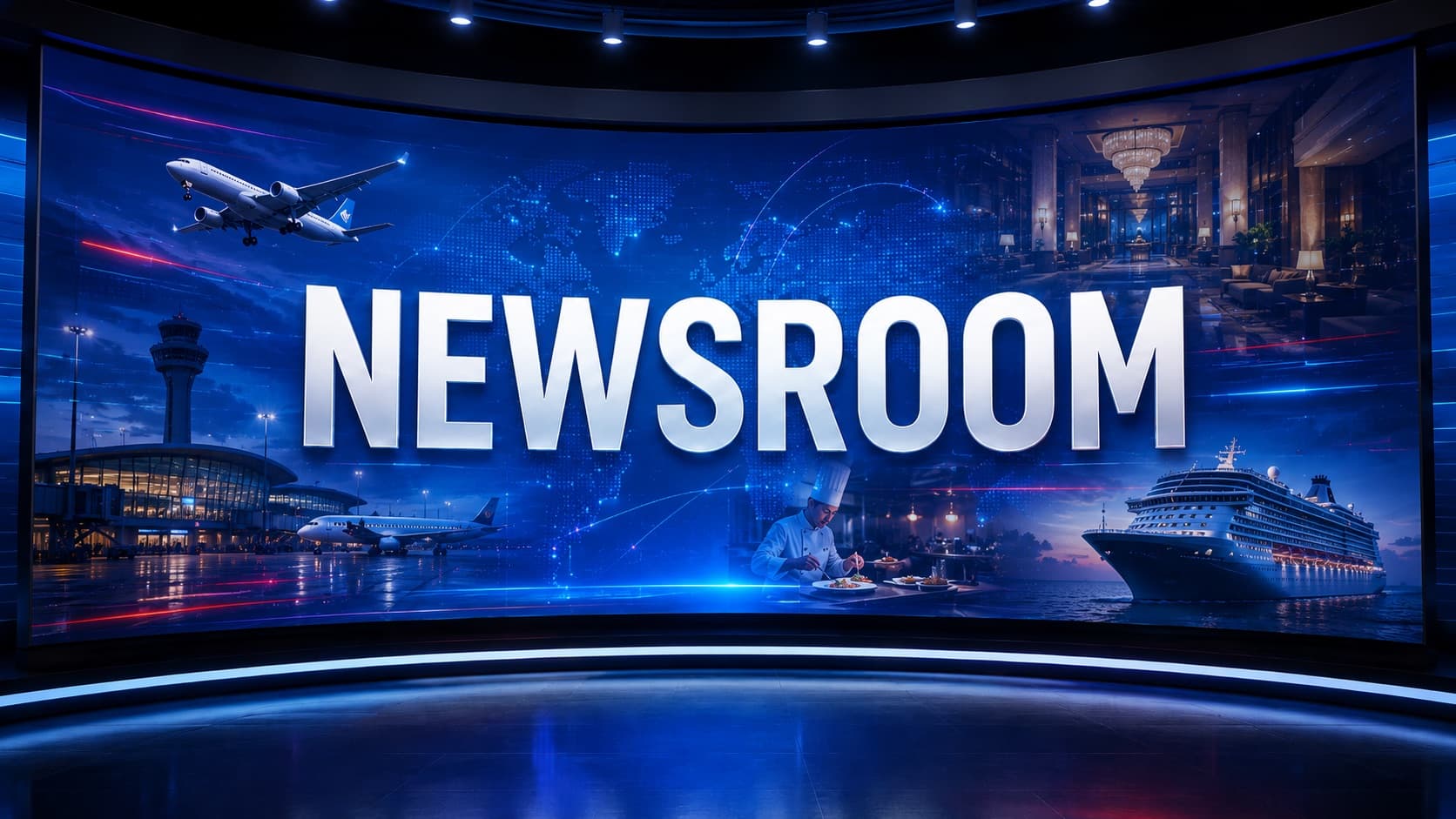 Wings Institute Newsroom broadcast studio wall — aircraft, airport terminal, hotel lobby, chef and cruise ship, representing aviation, airport, hotel management, culinary and cruise career training in Vadodara