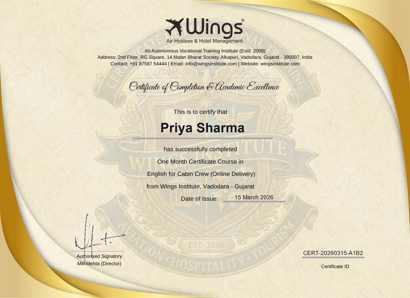 Sample course completion certificate from Wings Institute