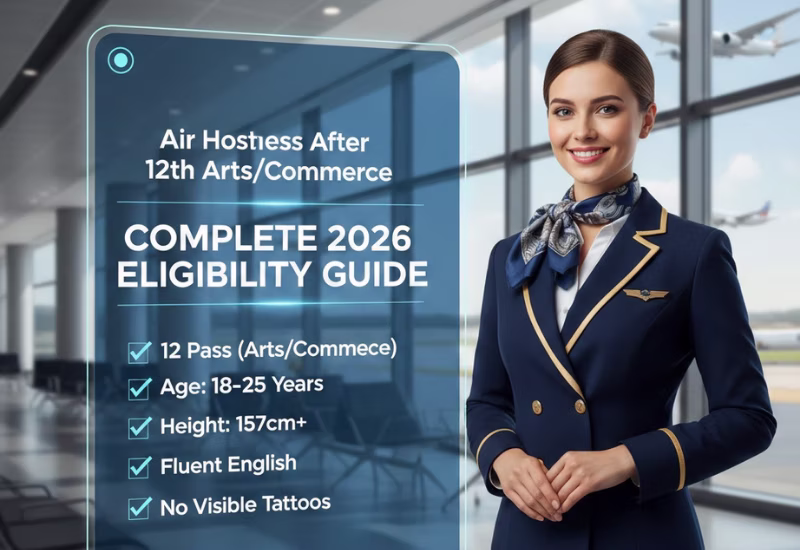 How to Become an Air Hostess After 12th Arts/Commerce: Complete 2026 Guide for Arts Stream Aviation Jobs — Wings Institute Cabin Crew career guide infographic (Vadodara, Gujarat)