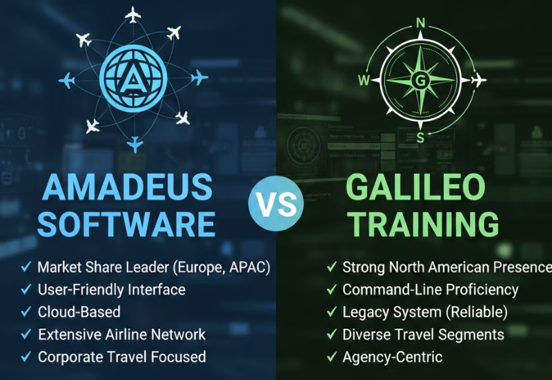 Amadeus vs Galileo: Which GDS Should You Learn? Complete Amadeus Software & Galileo Training Comparison 2026 — Wings Institute Travel & Tourism career guide infographic (Vadodara, Gujarat)