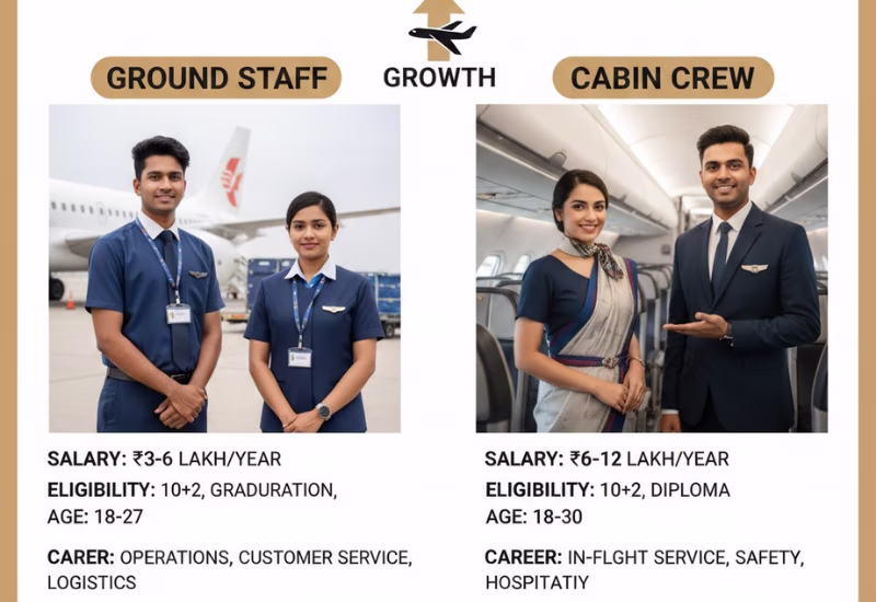 Ground Staff vs. Cabin Crew: Which Career is Right for You? Complete Airport Jobs Comparison 2026 — Wings Institute Ground Staff career guide infographic (Vadodara, Gujarat)