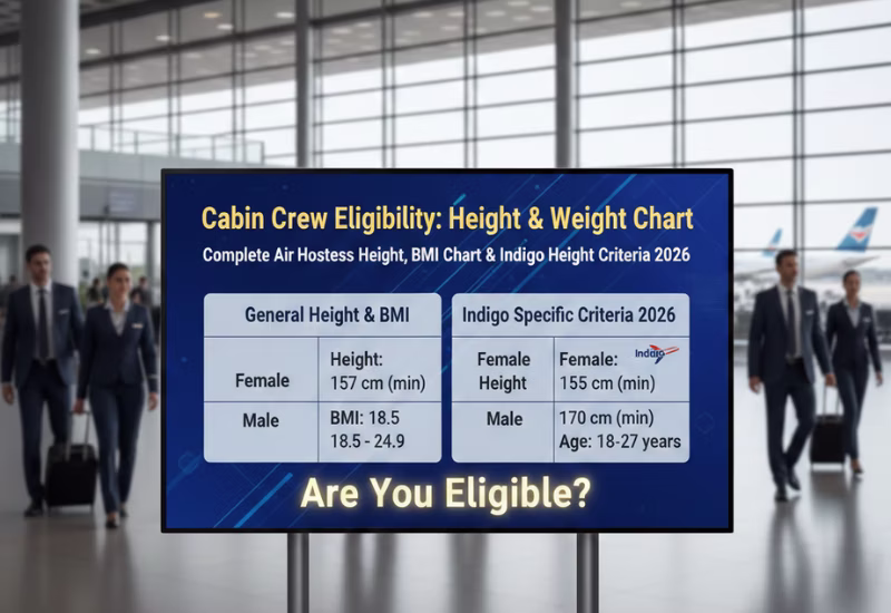 Height & Weight Chart for Cabin Crew: Are You Eligible? Complete Air Hostess Height, BMI Chart & IndiGo Height Criteria 2026 — Wings Institute Cabin Crew career guide infographic (Vadodara, Gujarat)