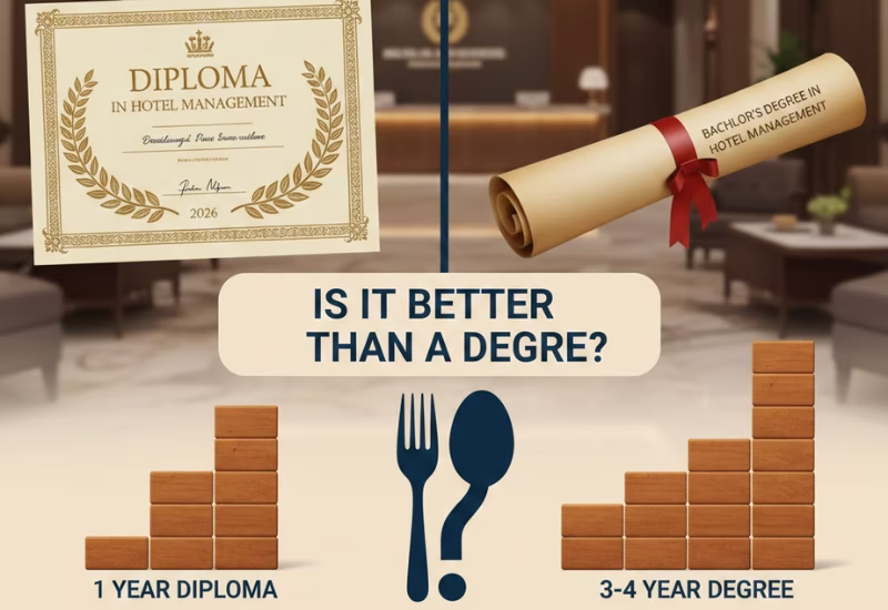 Diploma in Hotel Management: Is it Better Than a Degree? | Hotel Management Diploma vs Degree & 1 Year Diploma Complete Guide 2026 — Wings Institute Hotel Mgmt career guide infographic (Vadodara, Gujarat)