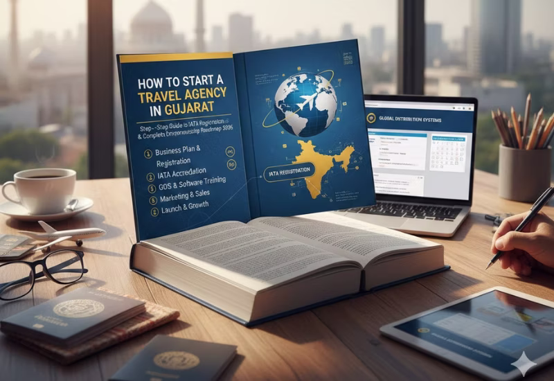 How to Start a Travel Agency in Gujarat: Step-by-Step Guide to IATA Registration, GDS Training & Complete Entrepreneurship Roadmap 2026 — Wings Institute Travel & Tourism career guide infographic (Vadodara, Gujarat)