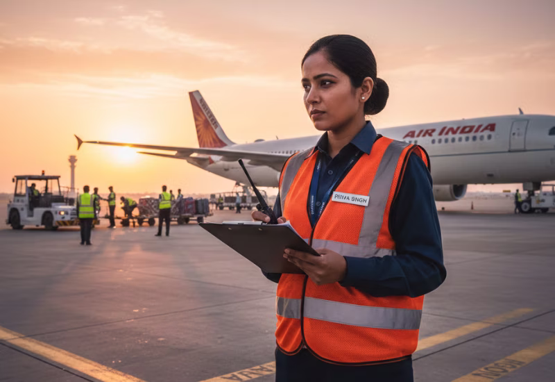 Life of an Airport Ground Staff: Complete Guide to Ground Staff Work Hours, Airport Duty & Daily Responsibilities 2026 — Wings Institute Ground Staff career guide infographic (Vadodara, Gujarat)