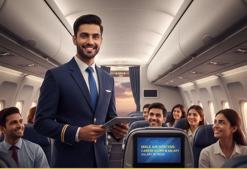 Male Air Hostess: Career Scope and Salary in India | Male Cabin Crew & Flight Steward Jobs Guide 2026 — Wings Institute Cabin Crew career guide infographic (Vadodara, Gujarat)