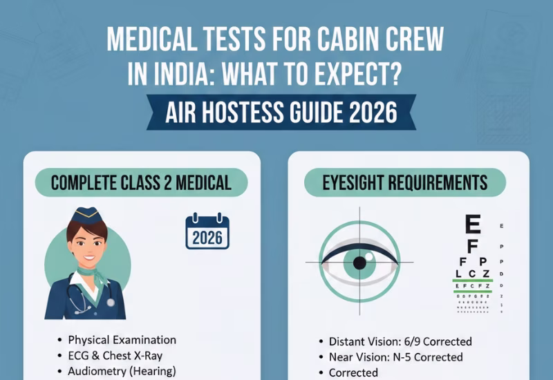 Medical Tests for Cabin Crew: What to Expect? Complete Class 2 Medical & Eyesight for Air Hostess Guide 2026 — Wings Institute Cabin Crew career guide infographic (Vadodara, Gujarat)
