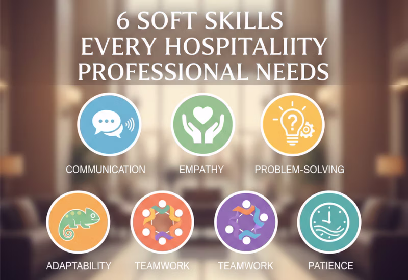 6 Soft Skills Every Hospitality Professional Needs: Complete Hospitality Soft Skills & Communication Training Guide 2026 — Wings Institute Hotel Mgmt career guide infographic (Vadodara, Gujarat)