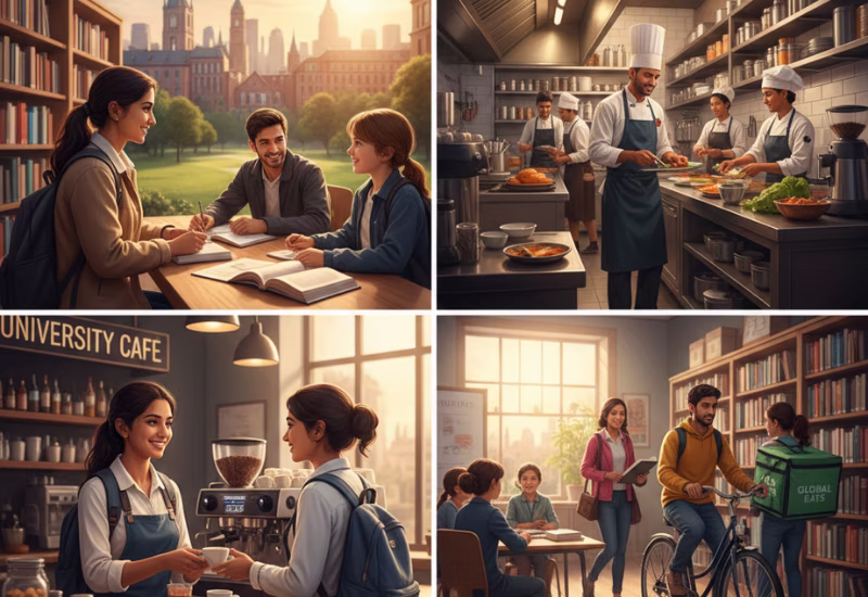 Study Abroad: Part-Time Jobs You Can Do | Barista Course & Bakery Skills for Students Guide 2026 — Wings Institute Culinary career guide infographic (Vadodara, Gujarat)
