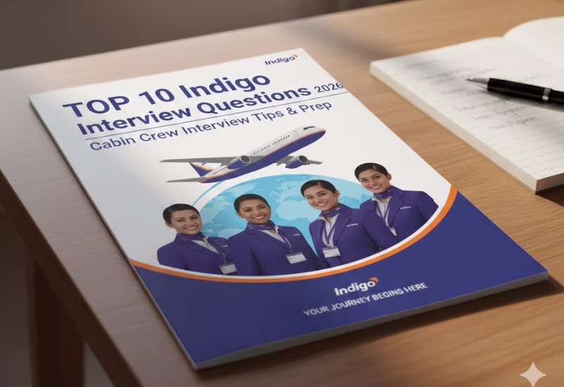 Top 10 Aviation Interview Questions & How to Answer Them: IndiGo Interview Questions, Cabin Crew Interview Tips & Complete Prep Guide 2026 — Wings Institute Cabin Crew career guide infographic (Vadodara, Gujarat)