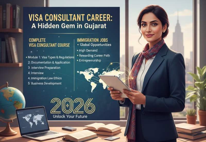 Visa Consultant Career: A Hidden Gem in Gujarat | Complete Visa Consultant Course & Immigration Jobs Guide 2026 — Wings Institute Travel & Tourism career guide infographic (Vadodara, Gujarat)