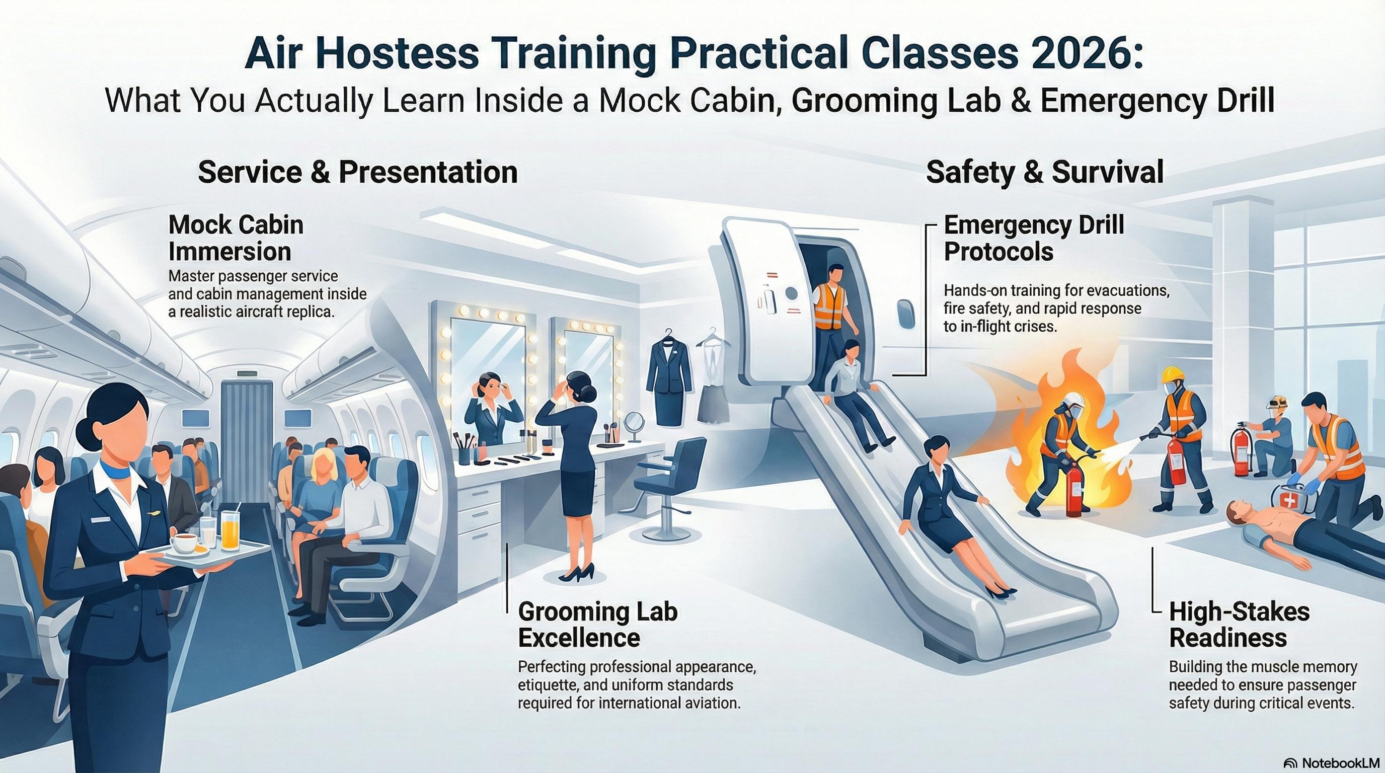 Air Hostess Training Practical Classes 2026: What You Actually Learn Inside a Mock Cabin, Grooming Lab & Emergency Drill - Wings Institute Cabin Crew guide