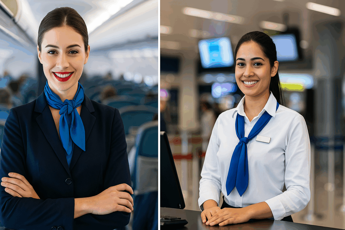 Split-screen comparison showing an air hostess in uniform smiling inside an aircraft cabin and airport ground staff member assisting passengers at a modern check-in counter, representing two aviation career options.