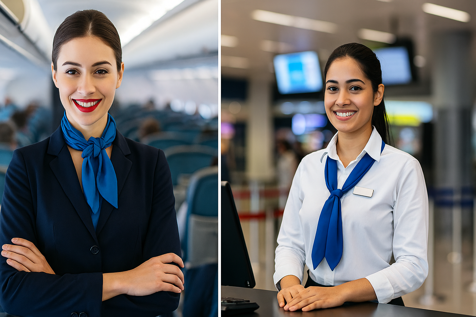 Split-screen comparison showing an air hostess in uniform smiling inside an aircraft cabin and airport ground staff member assisting passengers at a modern check-in counter, representing two aviation career options.