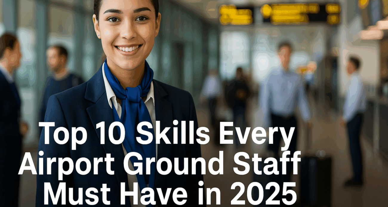 Smiling female airport ground staff in professional uniform with blue scarf, standing inside a modern airport terminal with blurred passengers and signage in the background.